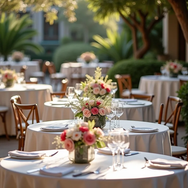 Mesas bistrô elegantes com arranjos florais em casamento