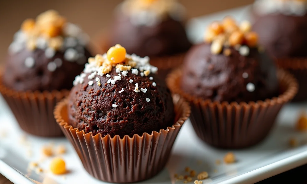 Mini brigadeiros gourmet servidos em copinhos com decoração delicada.