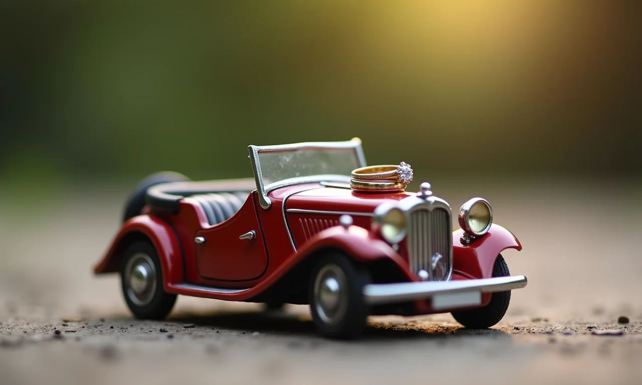 Miniatura de carro antigo carregando alianças.