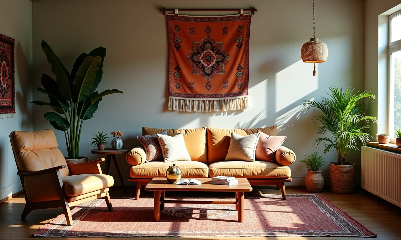 Mobiliário boho chic com mix de rústico e vintage.