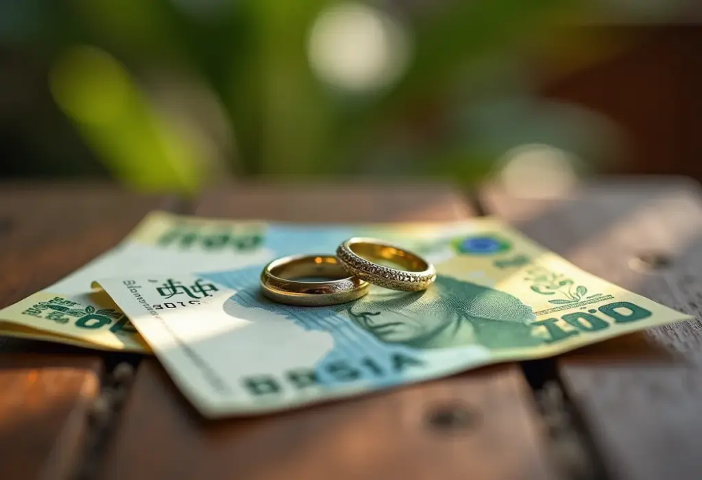 Moedas brasileiras e alianças simbolizando planejamento financeiro para lua de mel