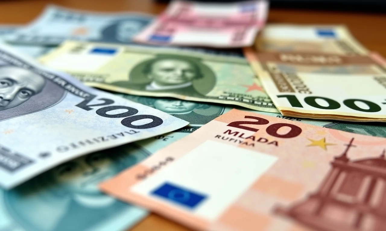 Moedas variadas: dólares, euros, dirhams e rufiyaas.