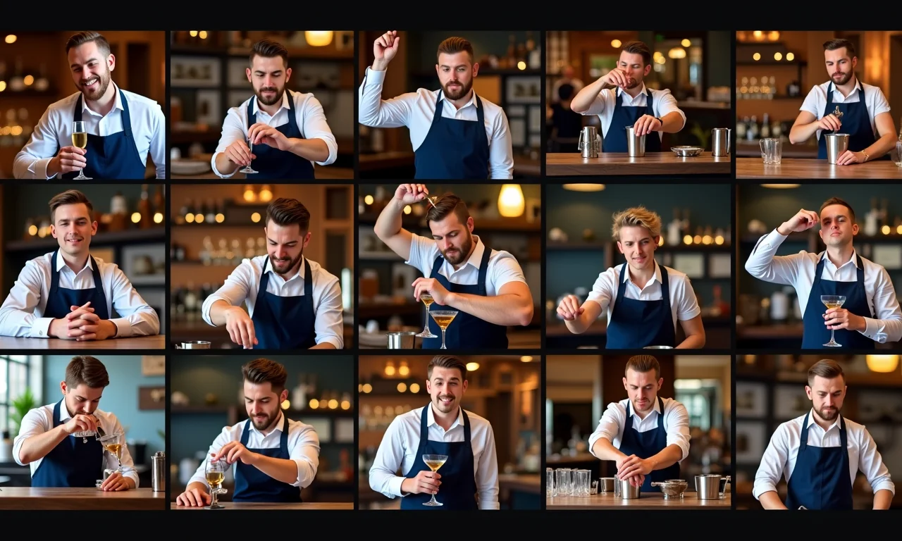 Montagem de bartenders performáticos em ação, comparando estilos.