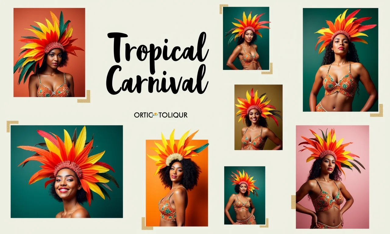 Mood board com tema 'Carnaval Tropical' com cores vibrantes.