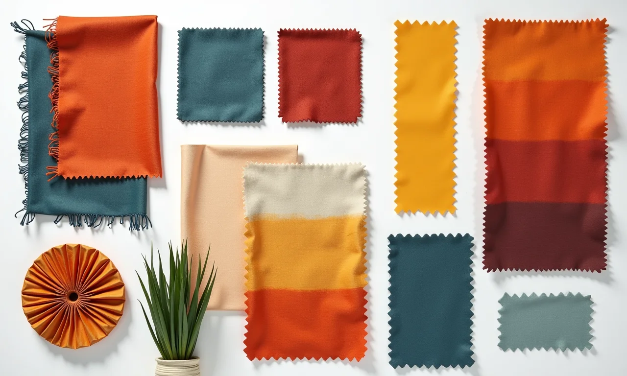 Mood board com texturas de tecidos e amostras de tintas coloridas.