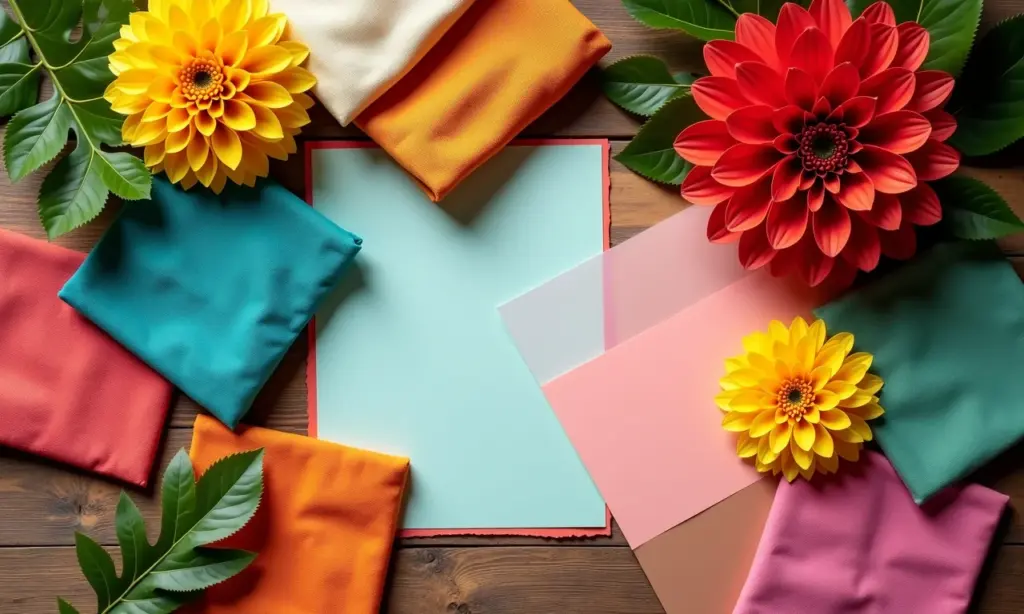 Mood Board: O Painel de Inspiração da sua Festa Mood board vibrante com decorações de festa e amostras de cores.