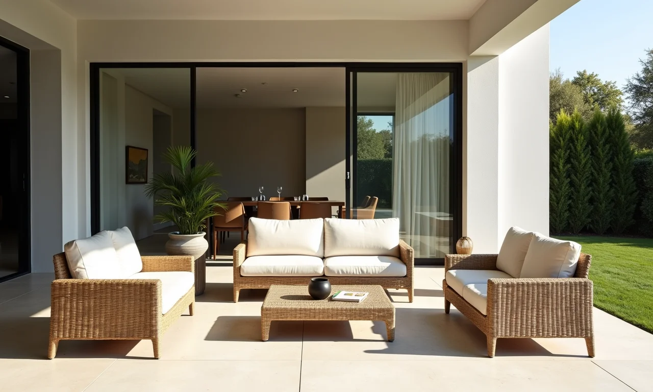 Móveis de vime da Sun House em pátio moderno.