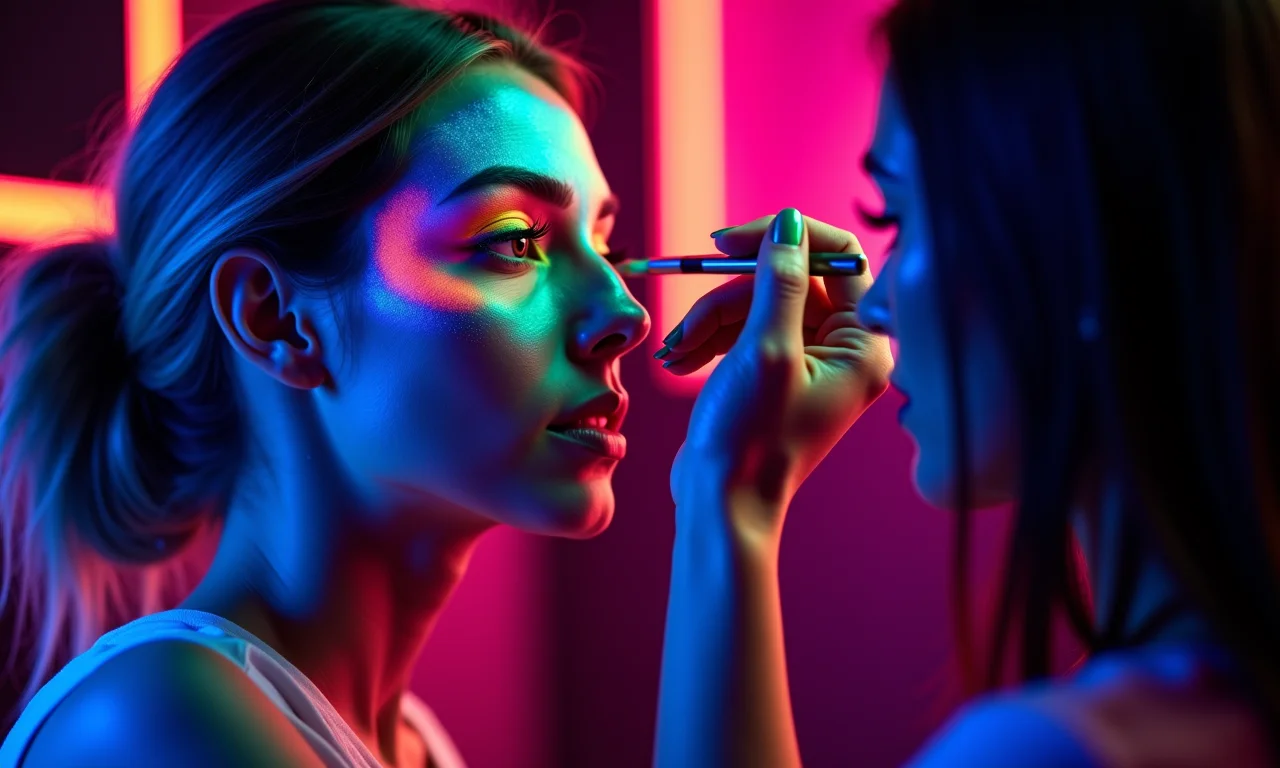 Mulher aplicando maquiagem neon sob luz negra.
