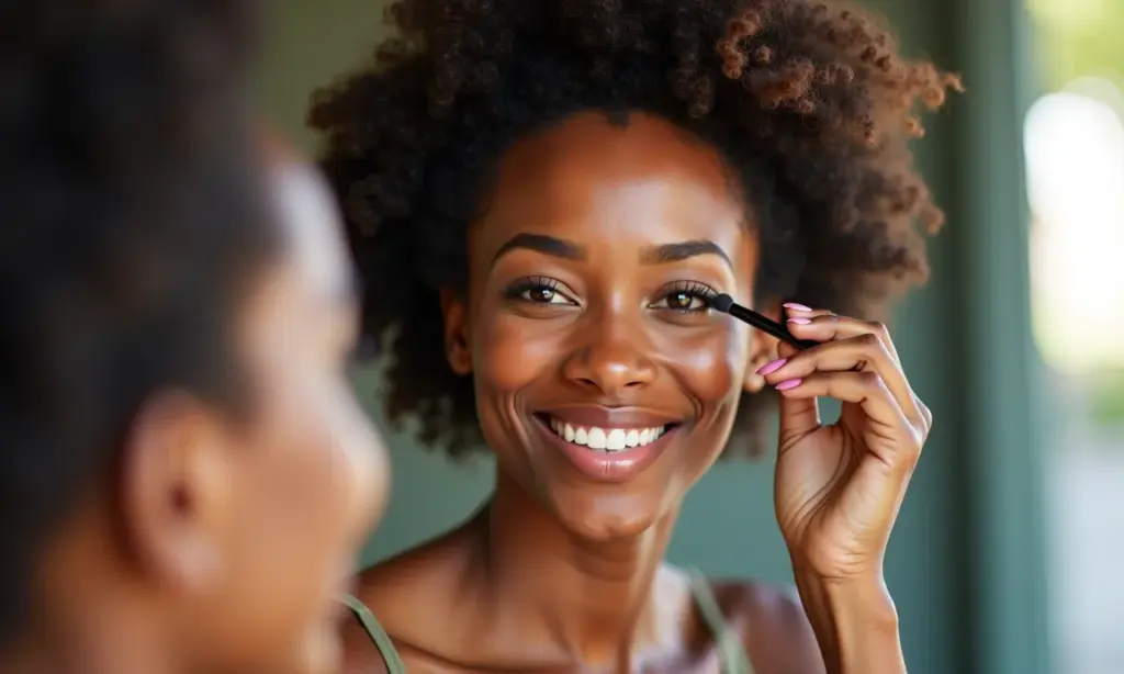 Inspirações de Beleza: As Melhores Ideias do Pinterest Mulher brasileira sorrindo enquanto se maquia, representando a beleza inspirada no Pinterest.