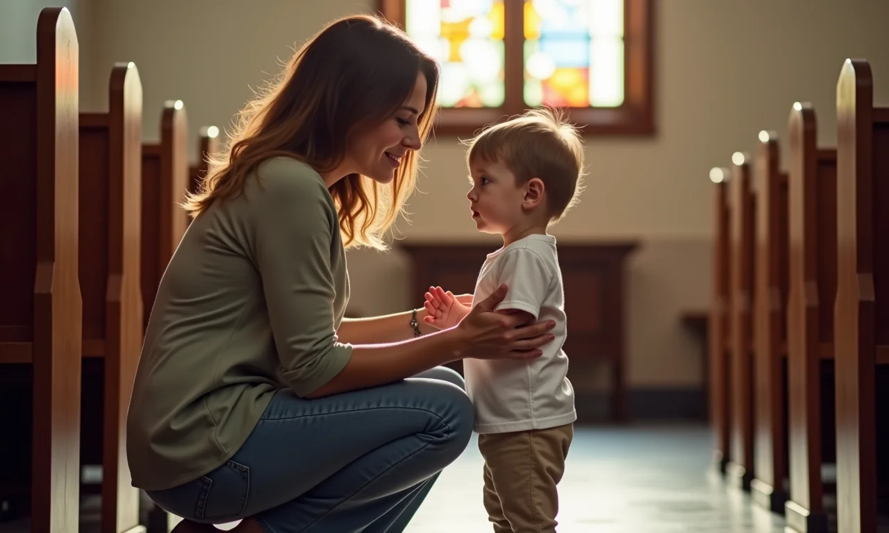 Mulher confortando uma criança hesitante em igreja.