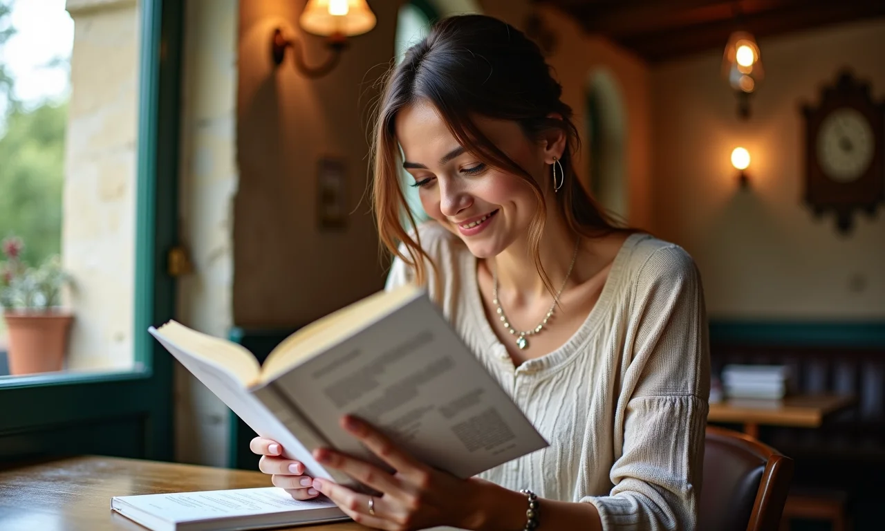 Mulher consultando guia de francês na Provence.