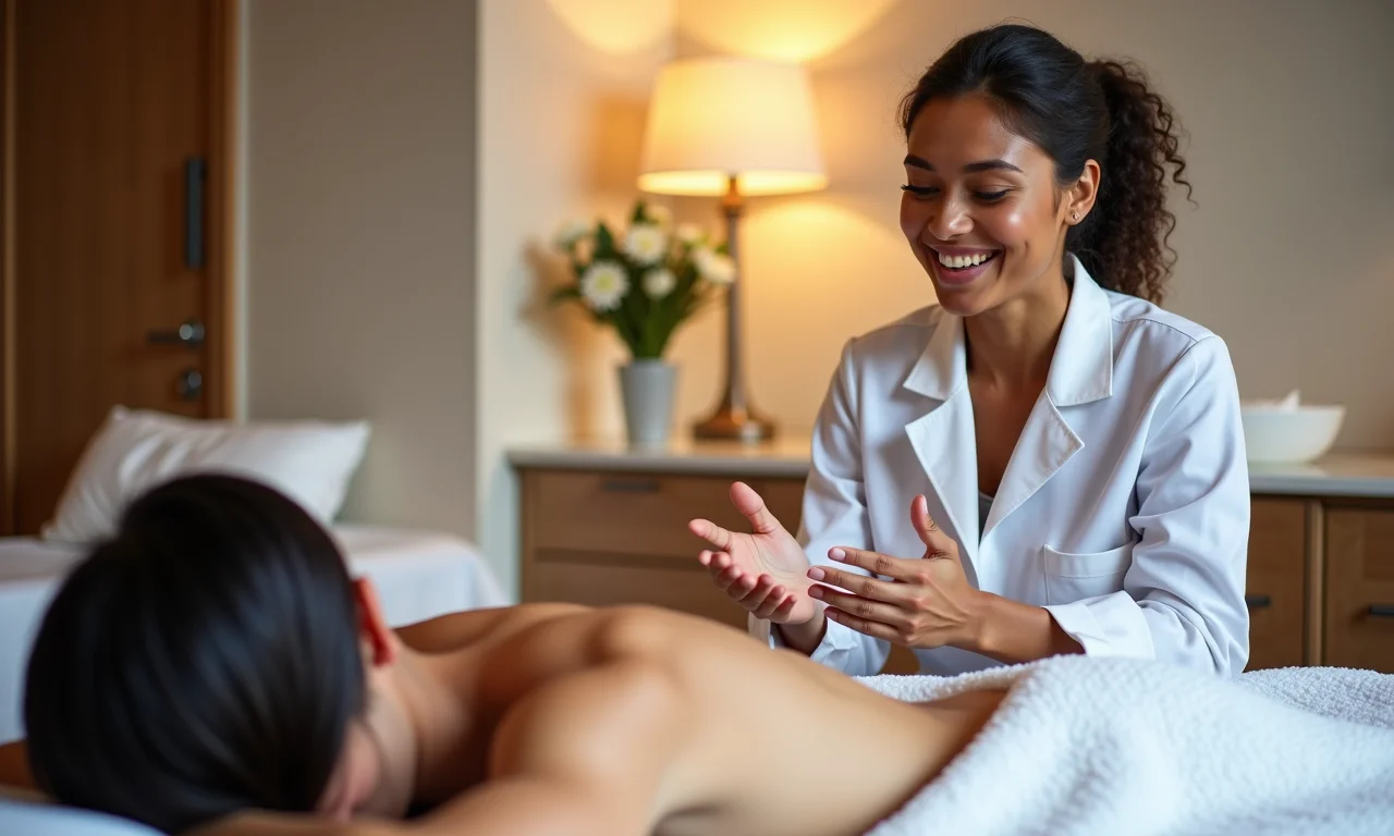 Mulher consultando terapeuta para escolher massagem relaxante pré-casamento.