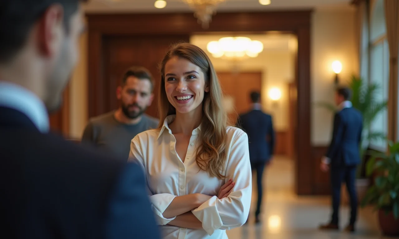 Mulher conversando discretamente com funcionário do hotel sobre a surpresa.