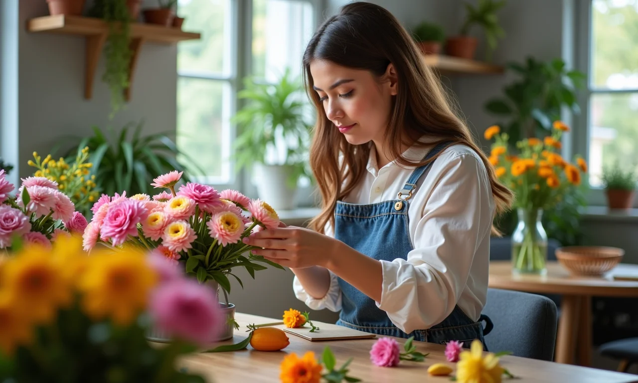 Mulher criando arranjo floral DIY em workshop colorido.