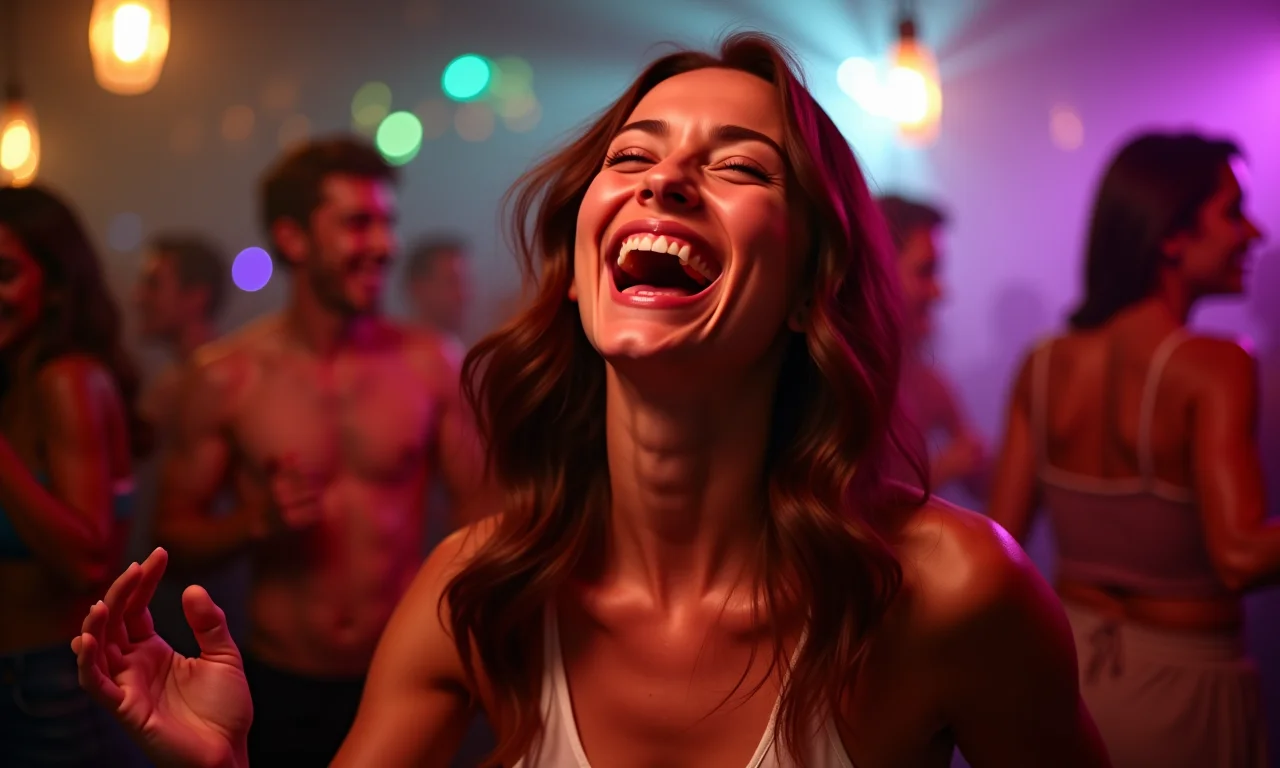 Mulher dançando e rindo em festa.