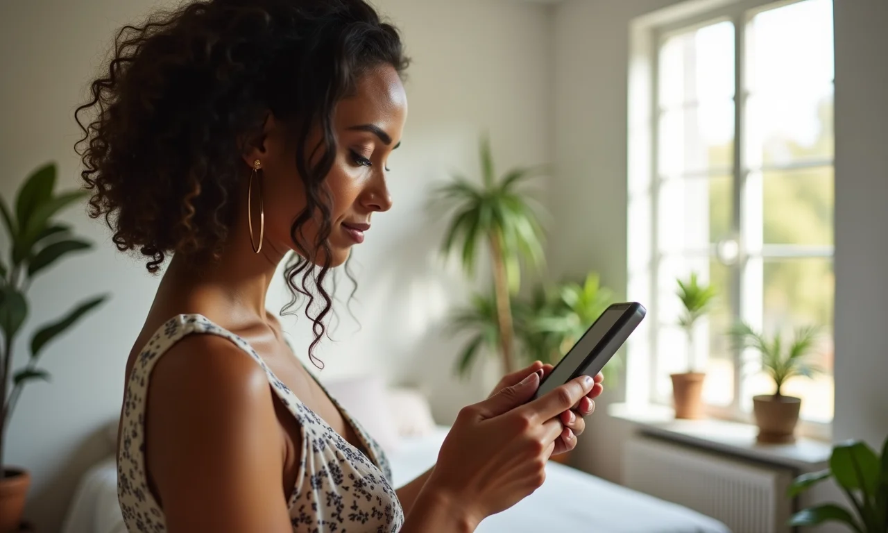 Mulher diversa navegando em perfis de fornecedores de casamento nas redes sociais.