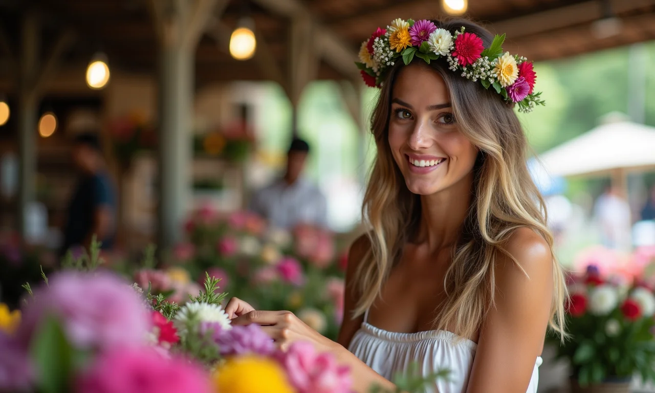 Mulher escolhendo coroa de flores em um mercado.