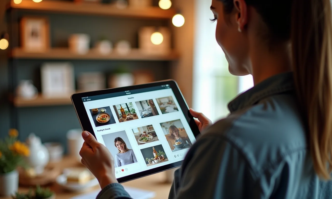 Mulher mostrando mood board digital para fornecedor de festa.