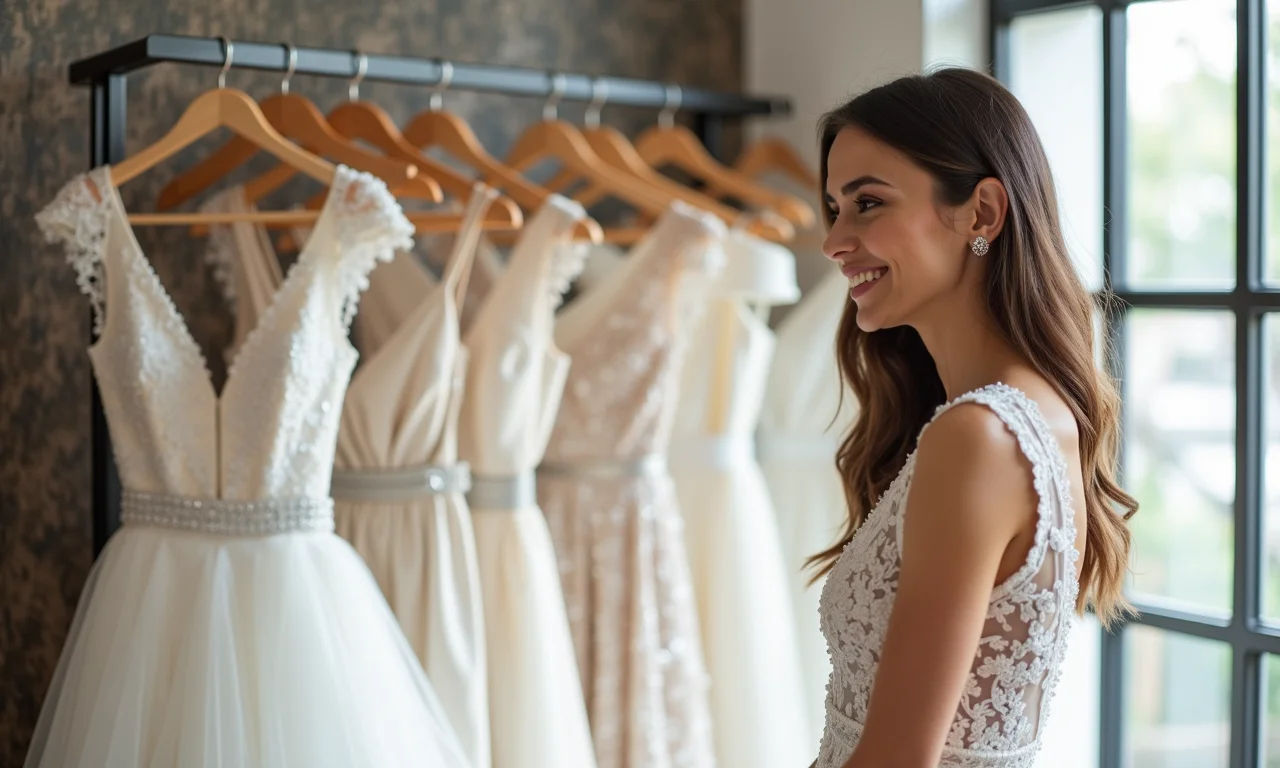 Mulher olhando vestidos Elie Saab para alugar em salão de noivas.