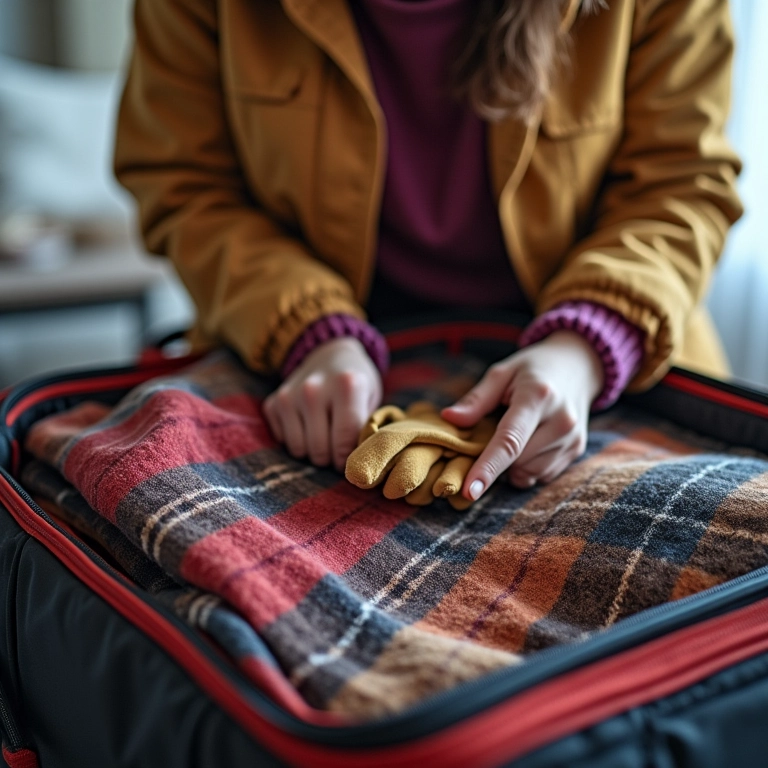 Mulher organizando mala com roupas de inverno para lua de mel na neve.