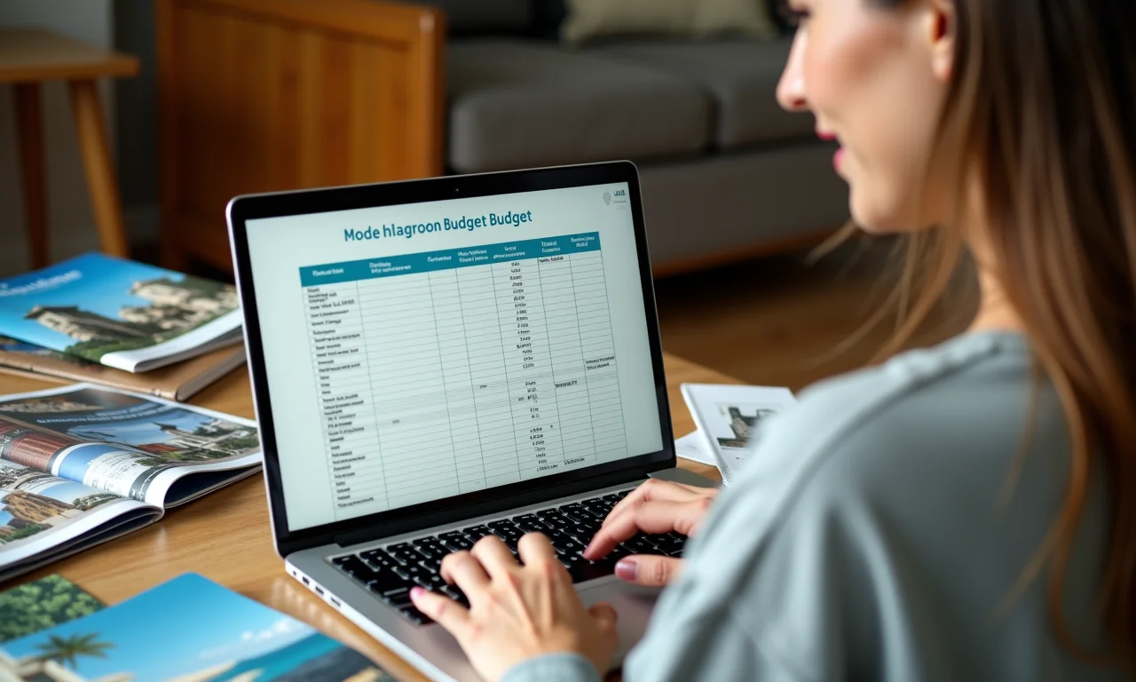 Mulher planejando o orçamento da lua de mel em um laptop.