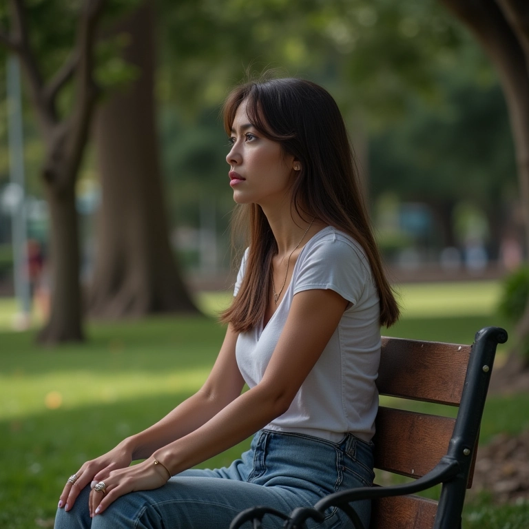 Mulher sentada sozinha em banco de parque com expressão pensativa.