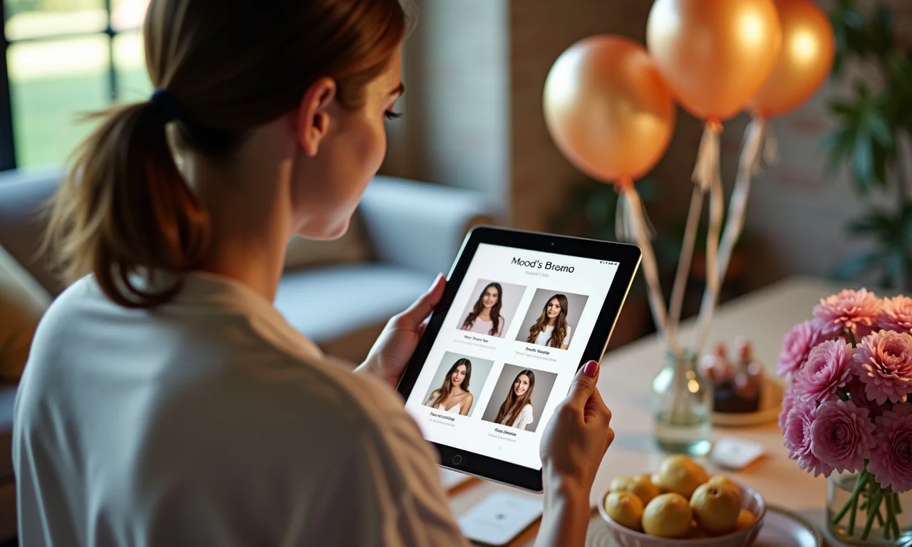 Mulher usando aplicativo de mood board digital em tablet.