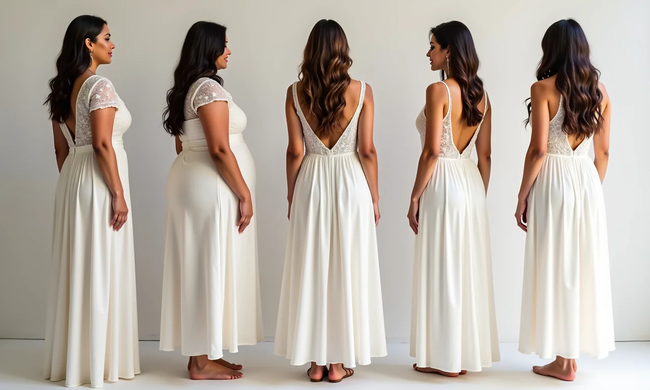 Mulheres com diferentes tipos de corpo vestindo vestidos de noiva midi.