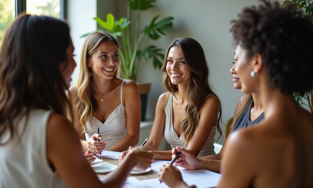 Mulheres diversas entrevistando vários fornecedores de casamento em ambiente moderno.