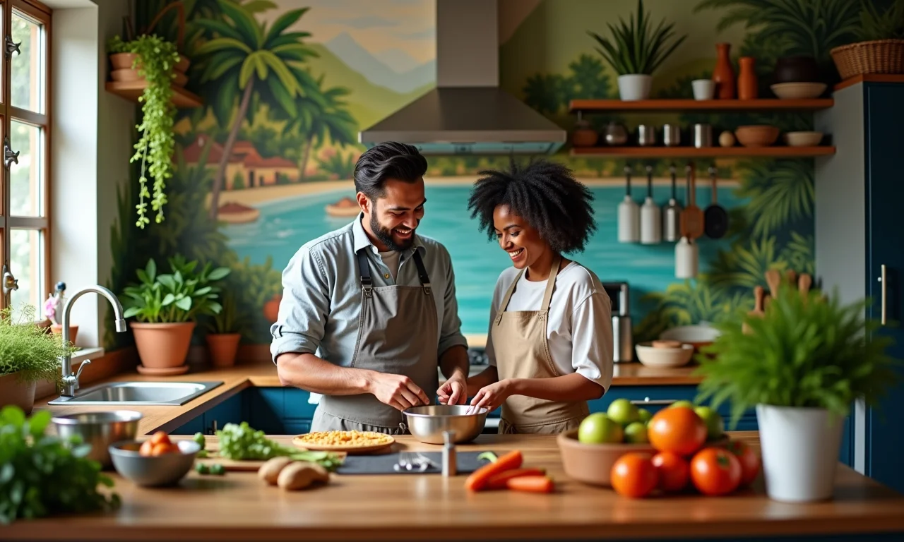 Mural de fotos na cozinha com receitas e memórias.
