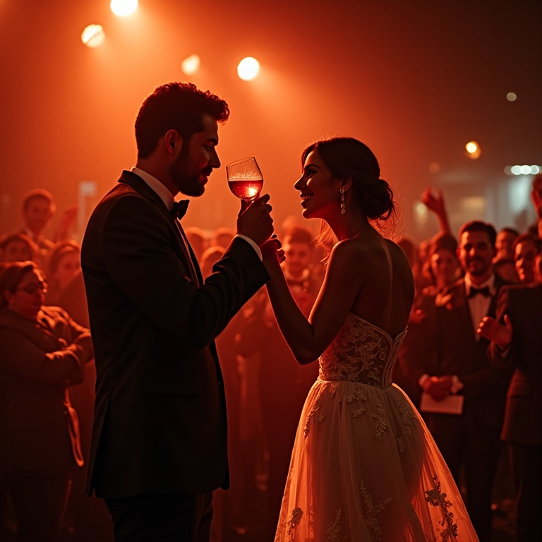 Música alegre e romântica em festa de casamento.
