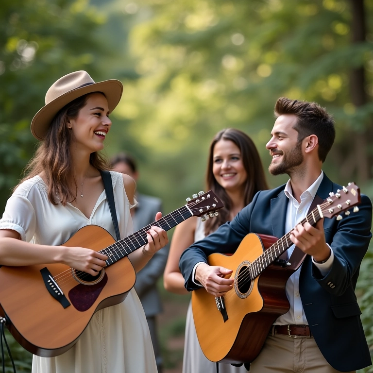 Músicos tocando música acústica em casamento piquenique alegre.