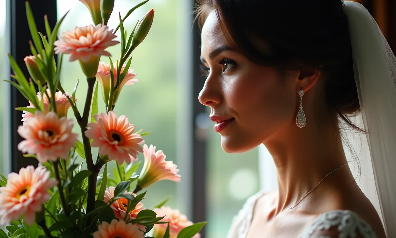 Noiva admirando um arranjo floral alto.