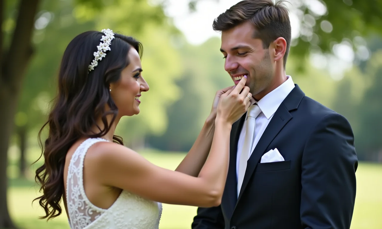 Noiva ajustando a gravata do noivo antes da cerimônia ao ar livre.