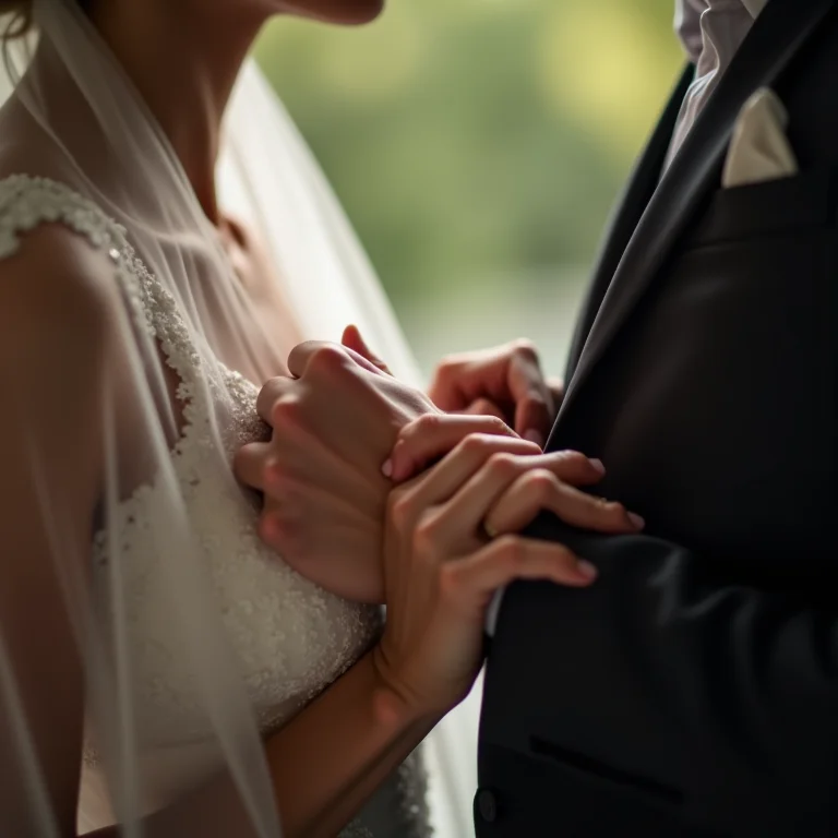 Noiva ajustando a gravata do noivo com delicadeza.