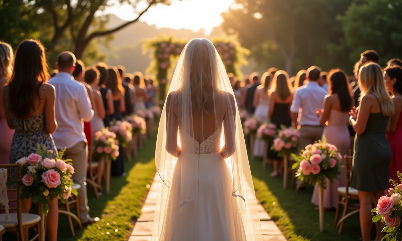 Noiva avaliando decoração do caminho, flores e iluminação.