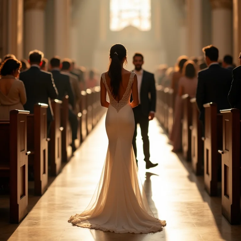 Noiva brasileira caminhando pelo altar com um vestido Vivienne Westwood com cauda longa e dramática.