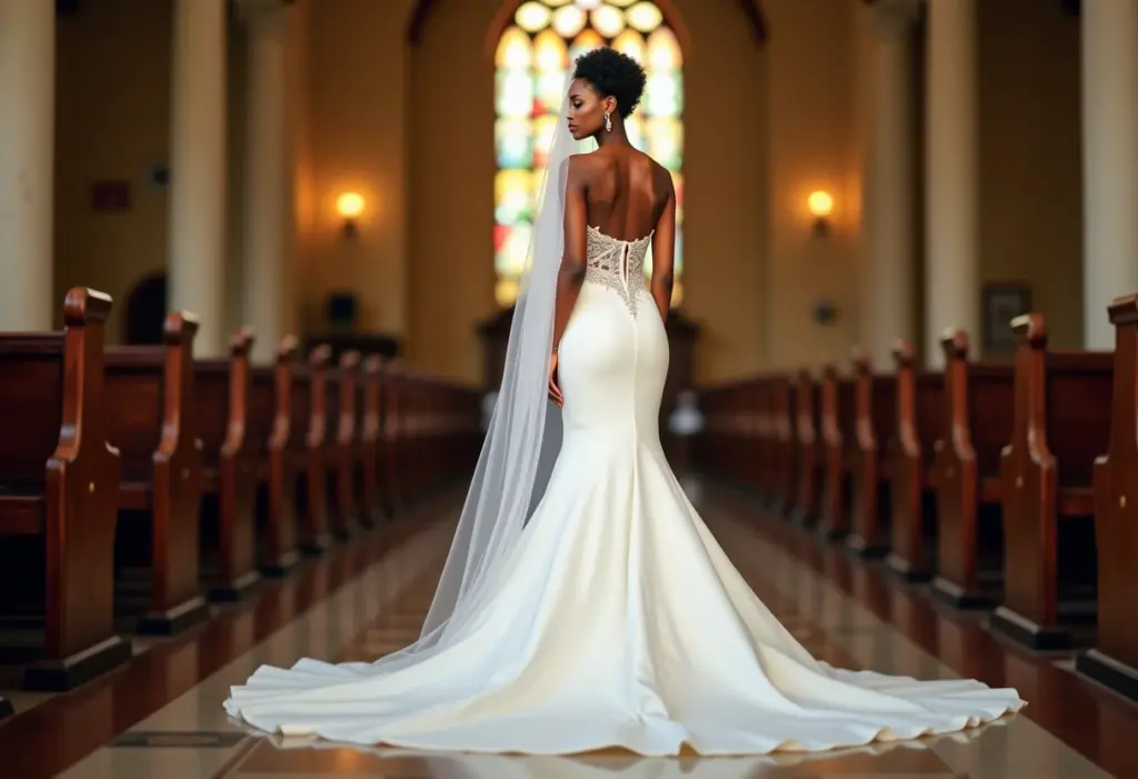 Noiva brasileira com vestido elegante e capa longa em igreja colonial