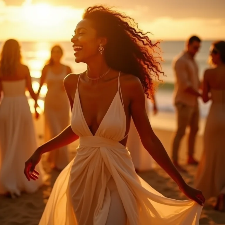 Noiva brasileira dançando em um vestido drapeado leve e elegante da Vivienne Westwood em casamento na praia.