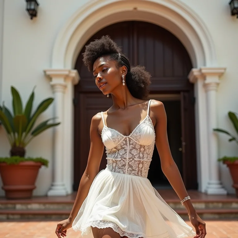 Noiva brasileira moderna e ousada com mini crini Vivienne Westwood posando em frente a uma igreja histórica.