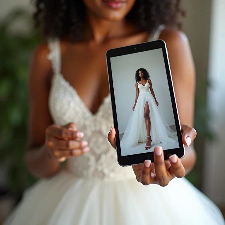 Noiva brasileira segurando um vestido de noiva Vivienne Westwood usado, com site de venda de vestidos em segundo plano.