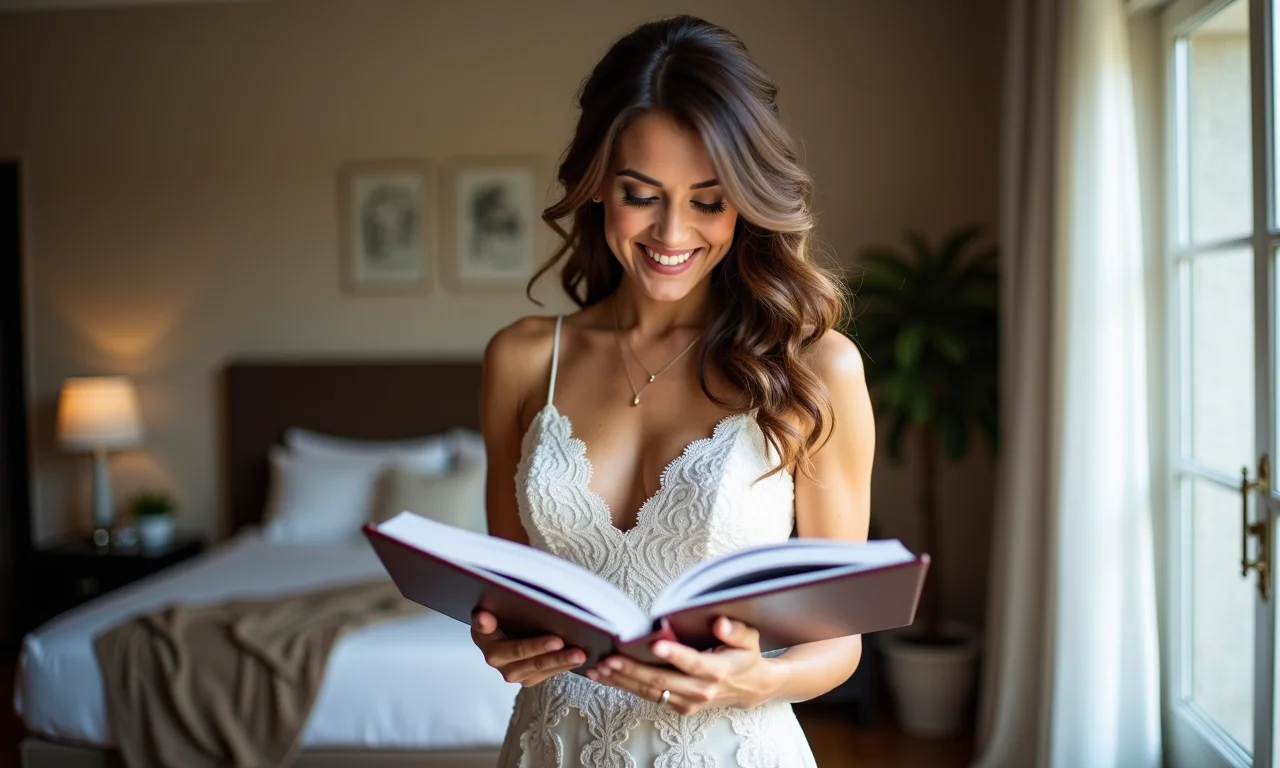Noiva buscando inspiração para o casamento em livros e recursos online, decoração brasileira.