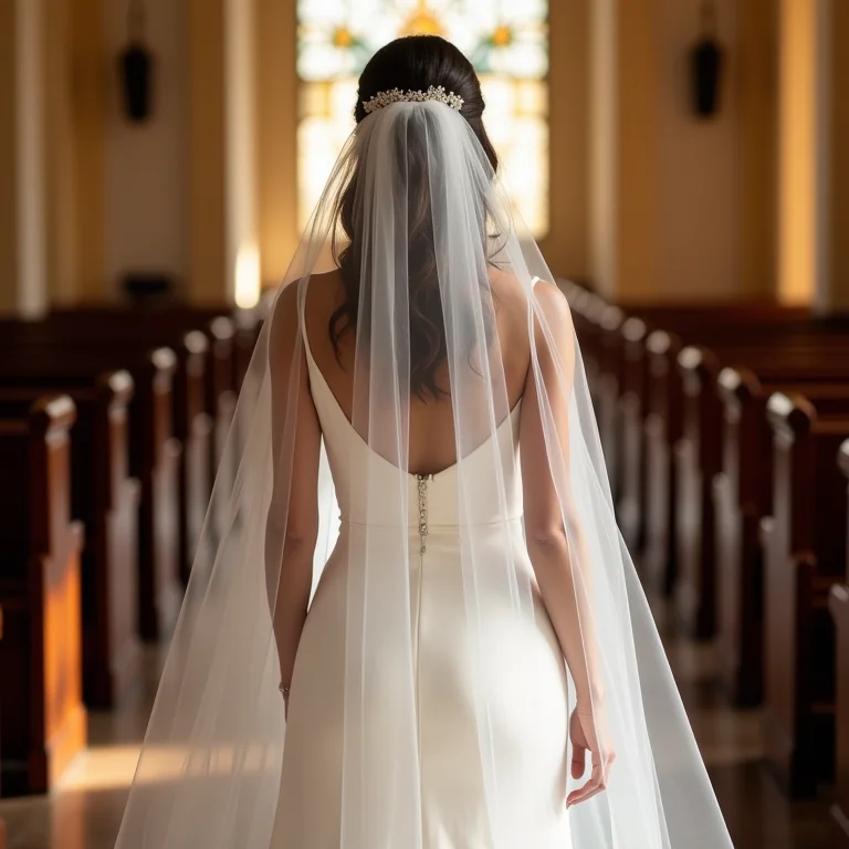 Noiva caminhando ao altar com capa capela