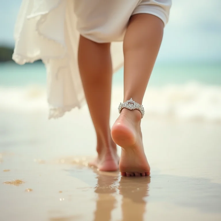 Noiva caminhando na praia com tornozeleira