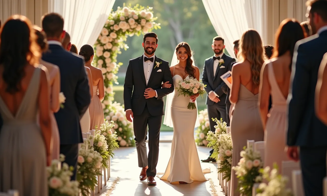 Noiva caminhando radiante no dia do casamento.