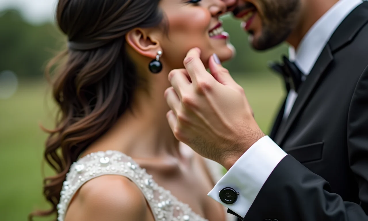 Noiva com brincos de pérola negra e noivo com abotoaduras pretas.