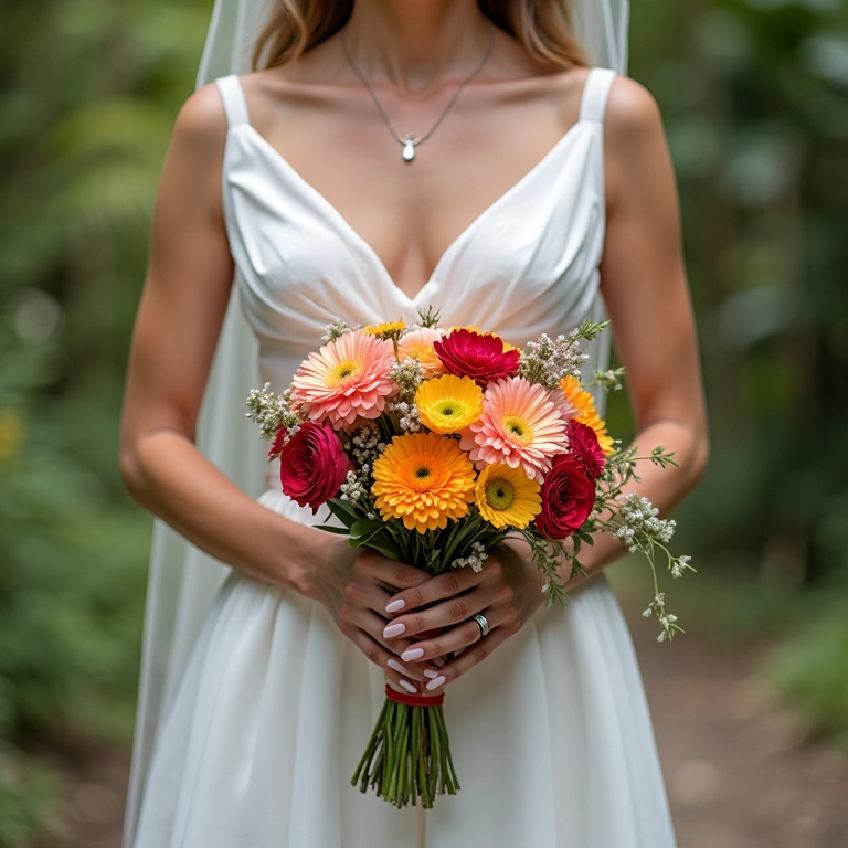 Noiva com buquê colorido e vestido simples.