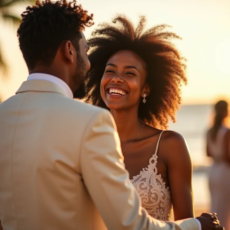 Noiva com cabelo afro dançando na praia com vestido curto.