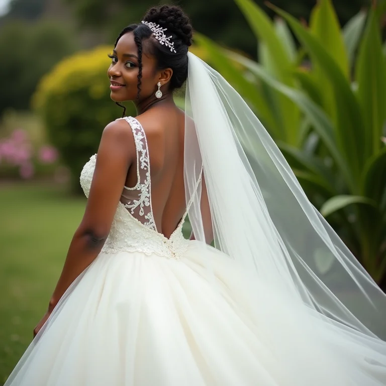 Noiva com capa Watteau esvoaçante em casamento no jardim