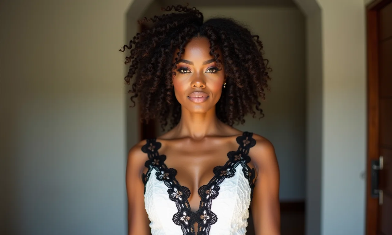 Noiva com vestido branco e detalhes em renda preta, combinando ousadia e estilo.